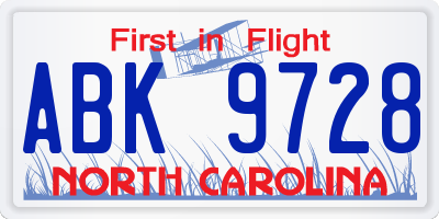 NC license plate ABK9728