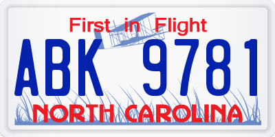 NC license plate ABK9781