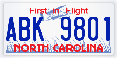 NC license plate ABK9801