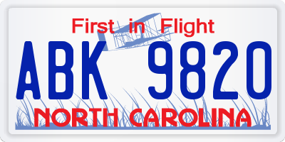 NC license plate ABK9820