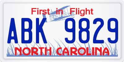 NC license plate ABK9829