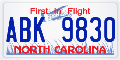 NC license plate ABK9830