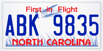 NC license plate ABK9835