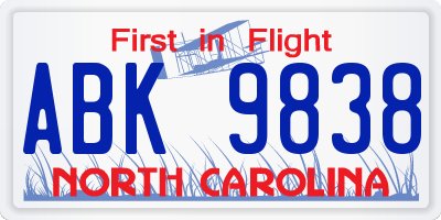 NC license plate ABK9838