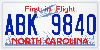 NC license plate ABK9840