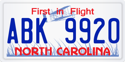NC license plate ABK9920