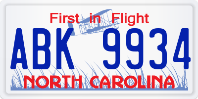 NC license plate ABK9934