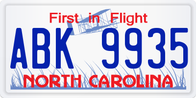 NC license plate ABK9935