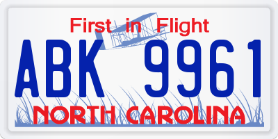 NC license plate ABK9961