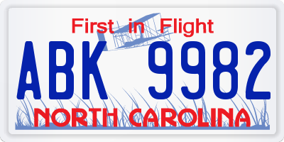 NC license plate ABK9982