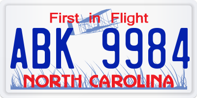 NC license plate ABK9984