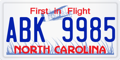 NC license plate ABK9985