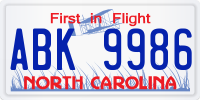 NC license plate ABK9986