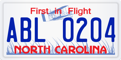 NC license plate ABL0204