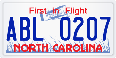 NC license plate ABL0207