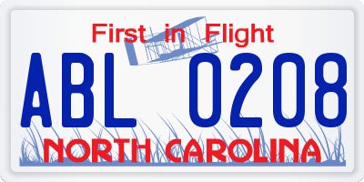 NC license plate ABL0208