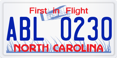 NC license plate ABL0230