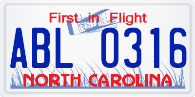 NC license plate ABL0316