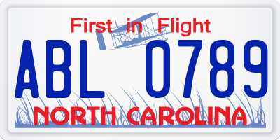 NC license plate ABL0789