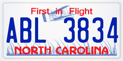 NC license plate ABL3834