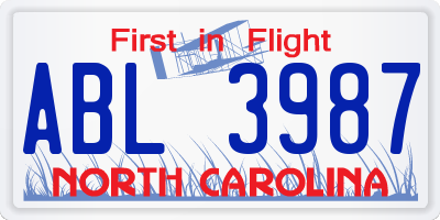 NC license plate ABL3987