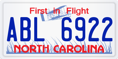 NC license plate ABL6922