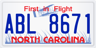 NC license plate ABL8671