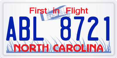 NC license plate ABL8721