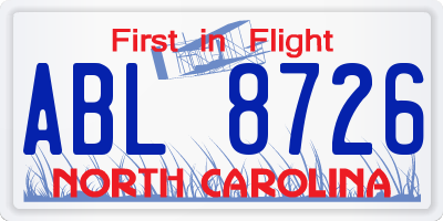 NC license plate ABL8726