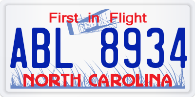 NC license plate ABL8934