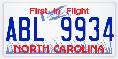 NC license plate ABL9934