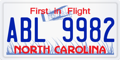 NC license plate ABL9982