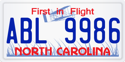 NC license plate ABL9986