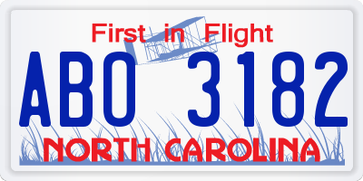 NC license plate ABO3182