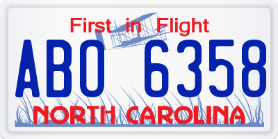 NC license plate ABO6358