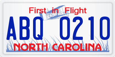NC license plate ABQ0210