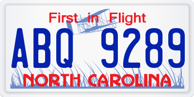 NC license plate ABQ9289