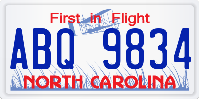 NC license plate ABQ9834