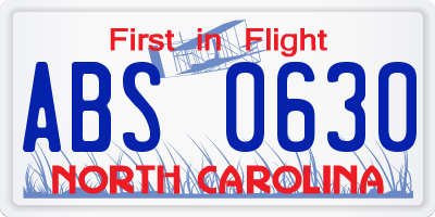 NC license plate ABS0630