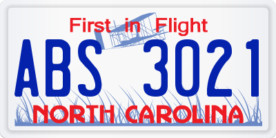 NC license plate ABS3021