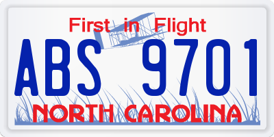 NC license plate ABS9701