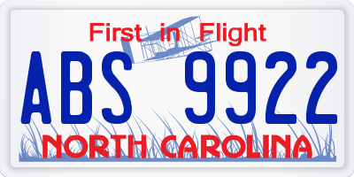 NC license plate ABS9922