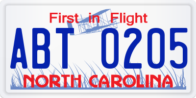 NC license plate ABT0205