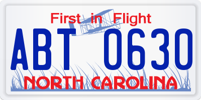 NC license plate ABT0630