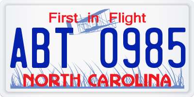 NC license plate ABT0985