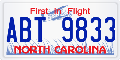 NC license plate ABT9833