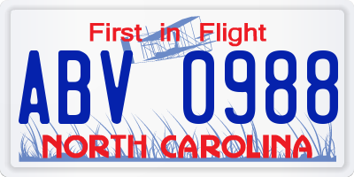 NC license plate ABV0988