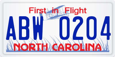 NC license plate ABW0204