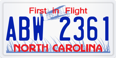 NC license plate ABW2361