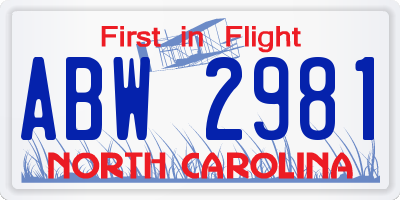 NC license plate ABW2981